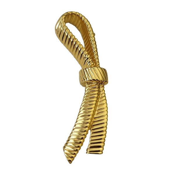 Gold Tone Vintage Ribbed Ribbon Brooch Pin Designer Style, L9 - Picture 3 of 10
